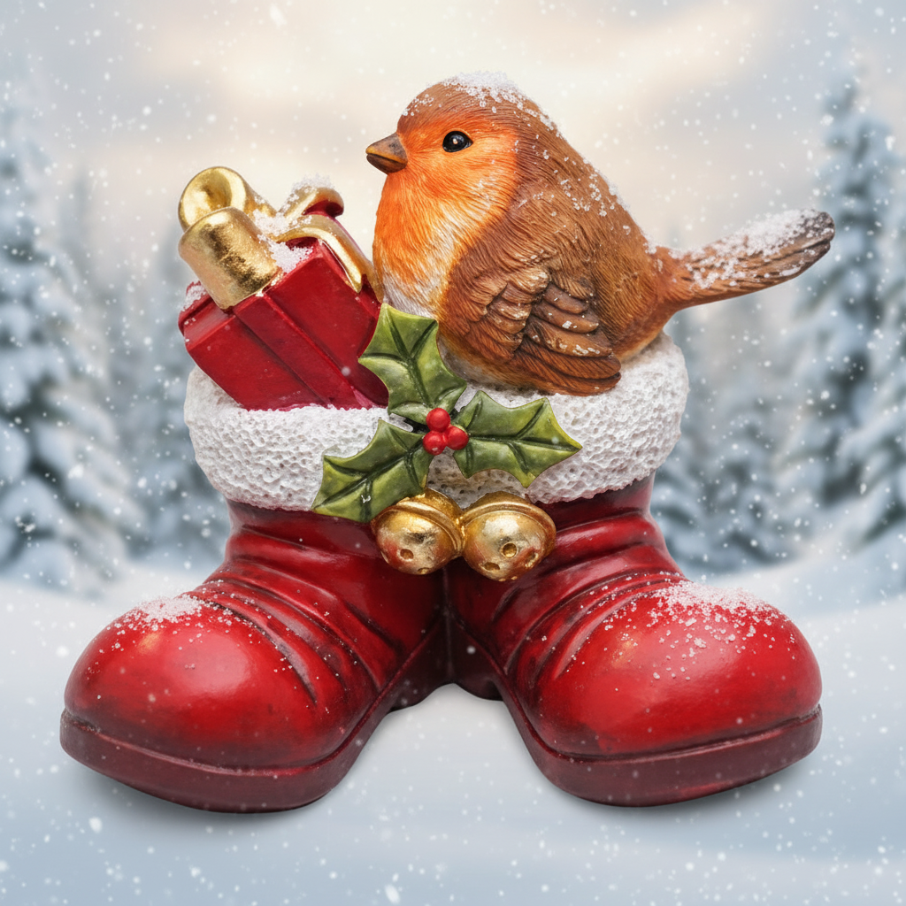 Robin sitting in Santas Boots