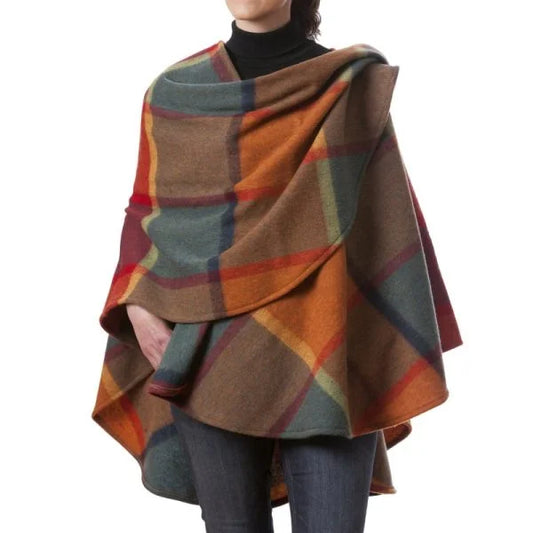Lambswool Cape Orange Green Yellow Wine Check
