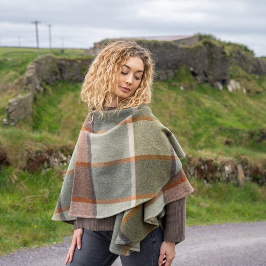 Lambswool Cape Green Brown Orange Cream Check