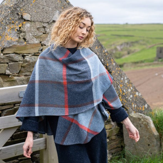 Lambswool Cape Blue Navy Rust Red Check