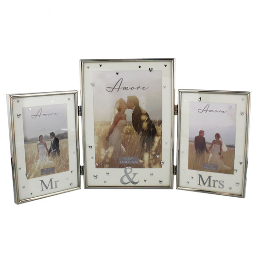 Amore Silverplated Triple Photo Frame 'Mr &-Mrs'