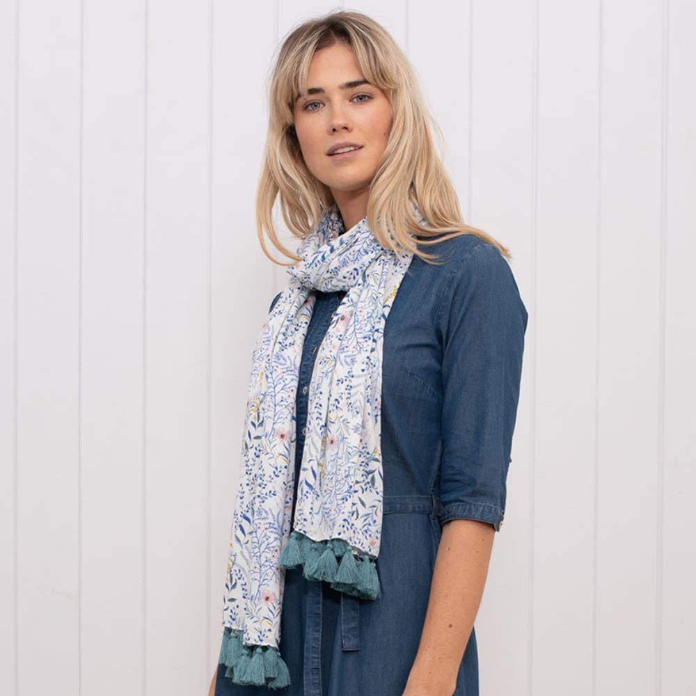 BOTANICAL TASSEL SCARF WHITE ONE SIZE